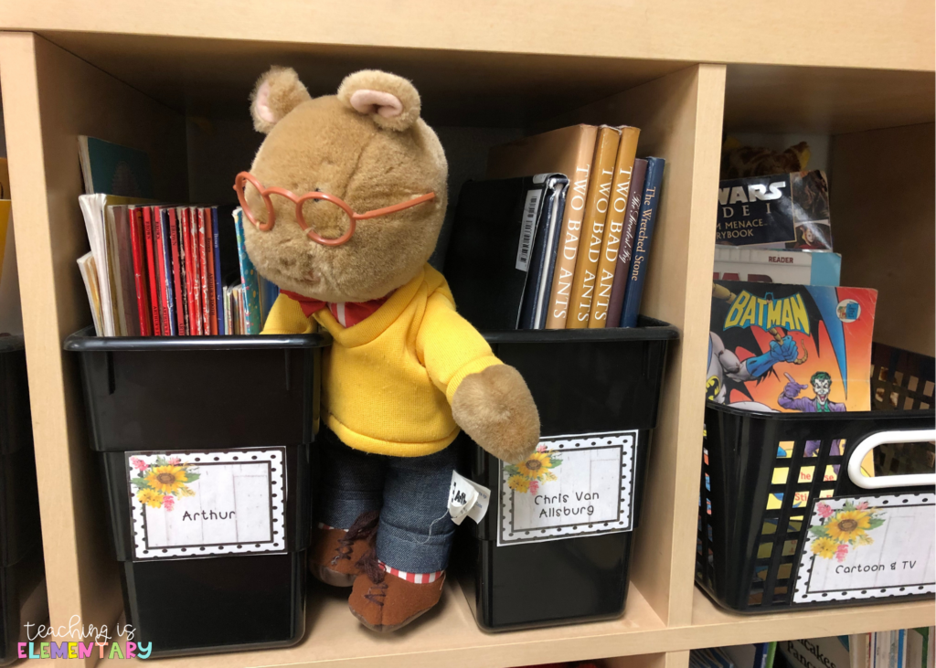 Library books are organized in book bins.